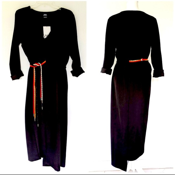 Zara black long sleeve midi dress with colorful strings - Picture 4 of 7
